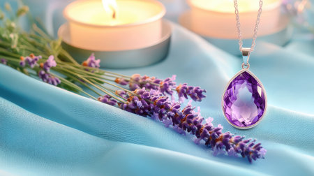 Soft romantic composition of purple pendant, fresh lavender, and candlelight resting on blue fabric foldsの素材