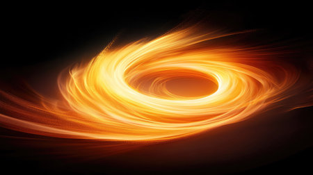 Radiant golden light particles forming an elegant swirl in a dark void, ideal for premium conceptsの素材