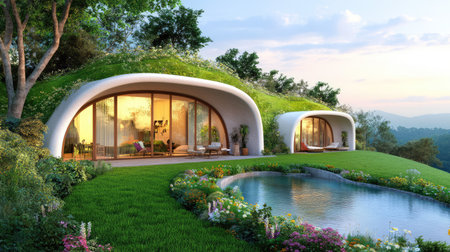 Eco-friendly underground house with a lush, earth-covered roof in a serene natural setting, highlighting sustainable architecture and harmony with natureの素材