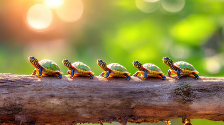 Baby turtles basking on a rustic log in sunlight, lined up side by side, creating a calm and charming wildlife sceneの素材