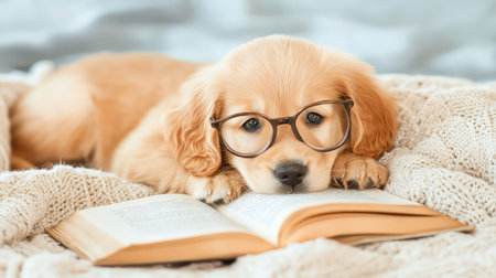 Adorable golden retriever puppy sporting oversized glasses, resting on a soft blanket with an open book, evoking intelligence and playful charmの素材