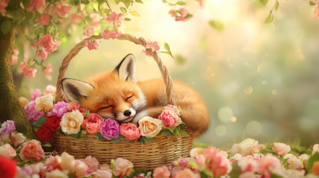 Adorable baby fox sleeping curled in a flower-filled basket beneath a shady tree, surrounded by soft natural light and vibrant bloomsの素材