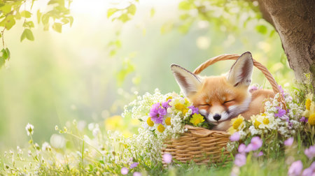 Baby fox asleep in a basket filled with fresh flowers, sheltered under a tree in a tranquil, natural outdoor settingの素材