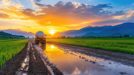Cement mixer truck driving across muddy ground at sunset, capturing the hard realities and beauty of industrial work in natural settingsの素材