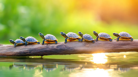 Baby turtles arranged in a row on a log, basking contentedly under soft, warm sunlight near a calm water bodyの素材