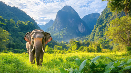 Calm Asian elephant captured close-up while walking through verdant forest, mountain vistas rising behind, symbolizing resilience and natural graceの素材