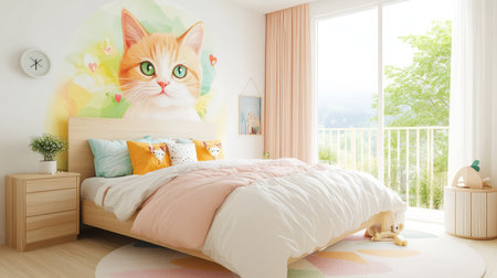 Bedroom with soft textiles and a bold cat mural on the wall, creating a playful yet calming environment for rest and relaxationの素材