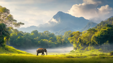 Asian elephant calmly walking through dense forest, mountain landscape visible beyond, a perfect balance of wildlife and majestic sceneryの素材