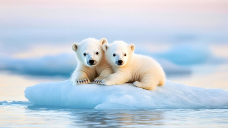 Fluffy polar bear cubs peacefully resting on a small ice floe surrounded by calm Arctic waters, symbolizing innocence in nature extremesの素材