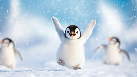 Close-up of a penguin chick sliding on snow with other chicks clapping and cheering, capturing youthful energy in a wintry landscapeの素材