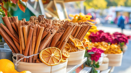 Market stall showcasing bundles of cinnamon sticks and dried orange slices, creating an inviting scene full of autumn and holiday aromasの素材