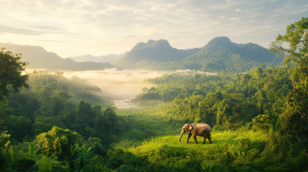 Close-up of a serene Asian elephant moving gently through thick forest greenery, with misty mountain peaks visible in the distanceの素材
