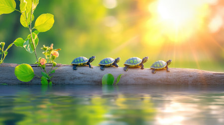 Baby turtles arranged in a row on a log, basking contentedly under soft, warm sunlight near a calm water bodyの素材