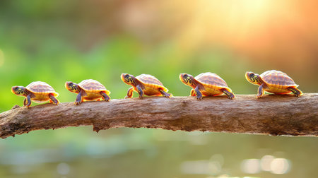 Close-up of baby turtles sunbathing in a neat row on a log, their tiny shells glowing in the gentle sunlight of a natural habitatの素材
