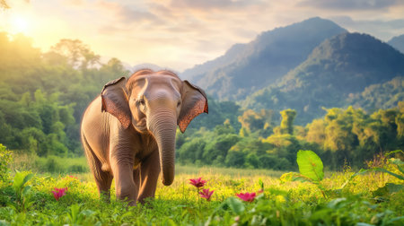 Calm Asian elephant captured close-up while walking through verdant forest, mountain vistas rising behind, symbolizing resilience and natural graceの素材