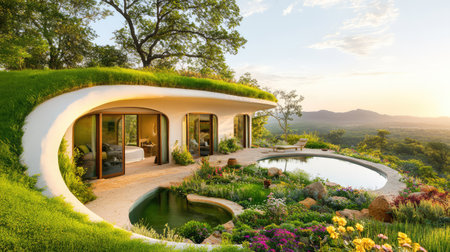 Eco-friendly underground house with a lush, earth-covered roof in a serene natural setting, highlighting sustainable architecture and harmony with natureの素材