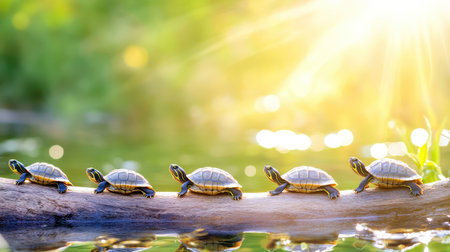 Close-up of baby turtles sunbathing in a neat row on a log, their tiny shells glowing in the gentle sunlight of a natural habitatの素材