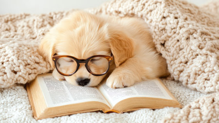 Fluffy golden retriever puppy wearing oversized glasses, lying on a cozy blanket while seemingly reading a book, a heartwarming and cute sceneの素材