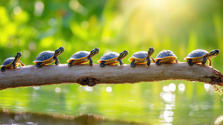 Baby turtles arranged in a row on a log, basking contentedly under soft, warm sunlight near a calm water bodyの素材