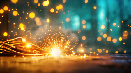 Industrial scene of welding cables joining with brilliant sparks, lighting up a dark workshop and showcasing metalworking expertiseの素材