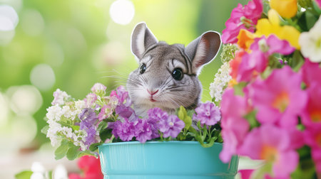 Playful chinchilla peeking from behind a vibrant flowerpot, its nose and eyes visible, conveying curiosity and gentle charmの素材