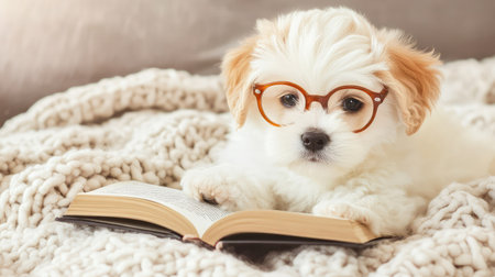 Fluffy puppy with comically large glasses, lounging on a soft blanket while "reading" a book, perfect for cute and cozy lifestyle conceptsの素材