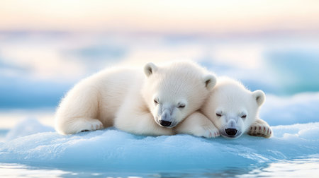 Close-up of two polar bear cubs cuddled together on a drifting ice floe in the Arctic Ocean, surrounded by icy blue water and serene skiesの素材