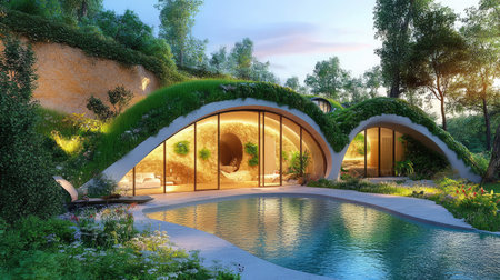 Eco-friendly underground house with a lush, earth-covered roof in a serene natural setting, highlighting sustainable architecture and harmony with natureの素材