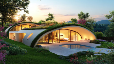Sustainable underground house with an organic earth roof, integrated naturally into the environment, symbolizing eco-conscious design and green architectureの素材