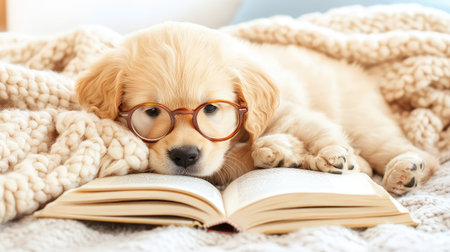 Golden retriever puppy with big glasses lying on a cozy blanket, looking like it deeply focused on reading a book, perfect for pet and learning themesの素材