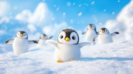 Playful scene of a penguin chick sliding down a snowy hill as friends cheer, illustrating cute wildlife fun in Antarcticaの素材
