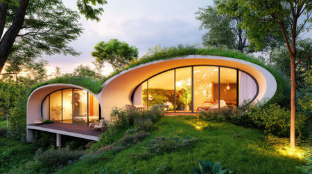 Eco-friendly subterranean house featuring an earth roof surrounded by trees and shrubs, highlighting harmony between architecture and the environmentの素材