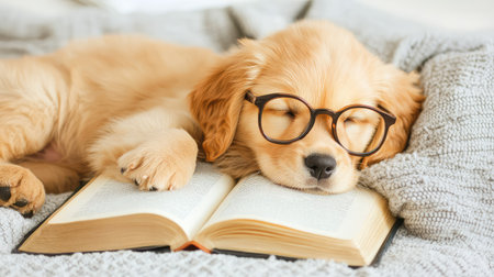 Playful golden retriever puppy sporting oversized glasses and lying on a warm blanket, surrounded by an open book for a sweet, intellectual vibeの素材