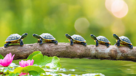 Peaceful scene of baby turtles lined up on a log, basking in the sun, highlighting delicate textures and natural beautyの素材
