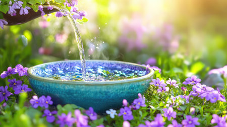 Natural scene with hot water pouring into a vibrant blue bowl surrounded by rich purple flowers, symbolizing relaxation and nature comfortの素材