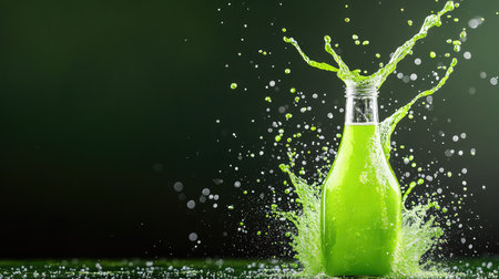 Fresh green liquid cascading from a glass bottle with energetic splashes captured mid-air, illuminated by crisp studio lightingの素材