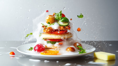 Plate covered with leftover food stacked in a stainless steel sink with soap suds and a sponge laying nearby, illustrating post-meal cleanupの素材