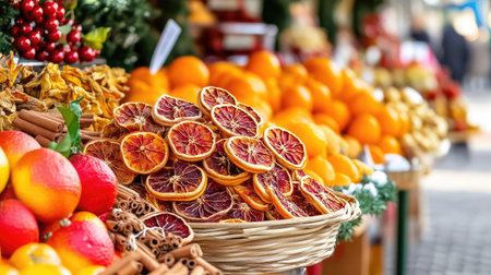 Seasonal market scene with piles of dried orange slices and cinnamon sticks, evoking the scents and colors of autumn and festive holidaysの素材