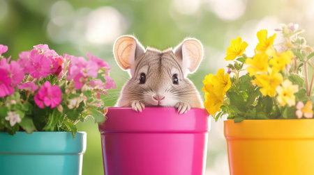 Playful chinchilla peeking from behind a vibrant flowerpot, its nose and eyes visible, conveying curiosity and gentle charmの素材