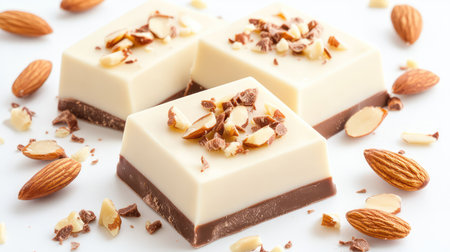 White chocolate almond bars presented on a white background, emphasizing the creamy, nutty richness and gourmet appealの素材