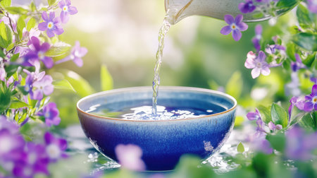 Hot water pouring into a deep blue bowl with purple flowers framing the scene, perfect for wellness, tea rituals, and calm natural imageryの素材