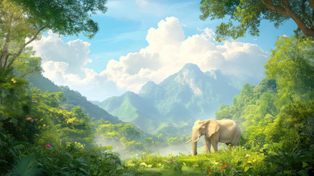 Powerful Asian elephant in dense jungle setting with serene mountains behind, embodying nature strength and quiet majestyの素材