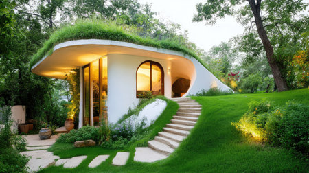 Sustainable underground house with an organic earth roof, integrated naturally into the environment, symbolizing eco-conscious design and green architectureの素材