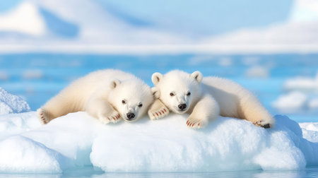 Polar bear cub siblings resting on an ice floe amid the Arctic Ocean, showcasing vulnerability and the beauty of the frozen wildernessの素材