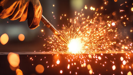 Welding cables in the act of connecting, sparks bursting brightly in a shadowy workshop, symbolizing craftsmanship and industrial precisionの素材