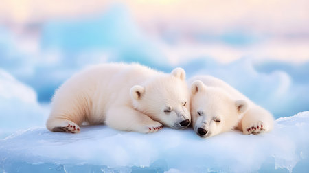 Polar bear cub siblings resting on an ice floe amid the Arctic Ocean, showcasing vulnerability and the beauty of the frozen wildernessの素材