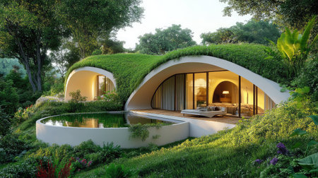 Small eco-friendly underground house with a natural earth-covered roof, blending seamlessly with lush greenery, showcasing sustainable living in harmony with natureの素材