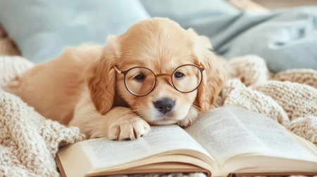 Playful golden retriever puppy sporting oversized glasses and lying on a warm blanket, surrounded by an open book for a sweet, intellectual vibeの素材