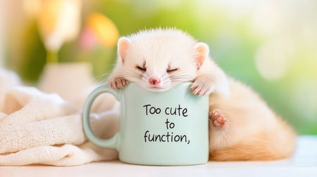 Playful scene of a tiny ferret curled in a mug labeled "too cute to function," eyes closed, exuding sleepy innocence and adorable vibesの素材