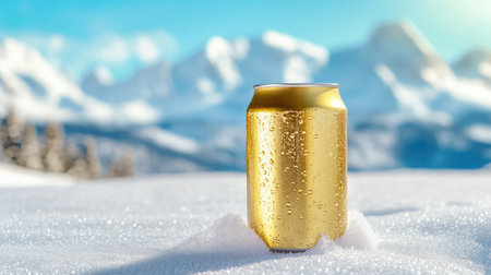Close-up of a golden beer can chilling on ice, with pristine snowy mountain peaks blurred in the background, perfect for winter adventure and refreshment themesの素材